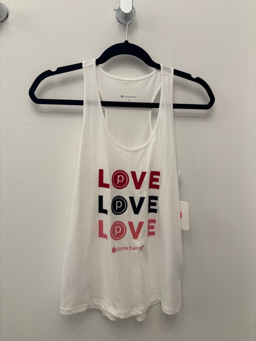 Pure Barre White Tank Top with Red, Black & Pink LOVE Graphic
